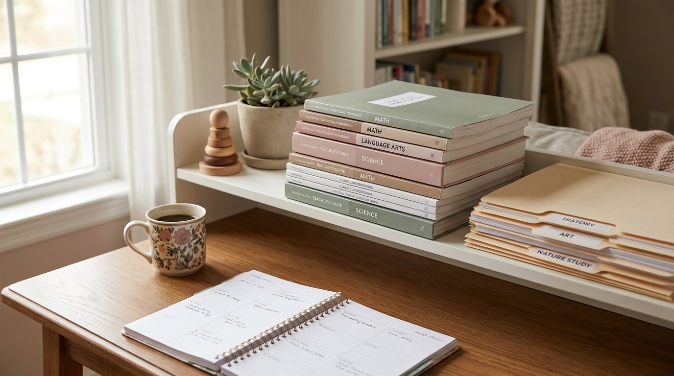 A homeschool desk and shelf of unused curriculum workbooks and teacher's manuals in warm morning light