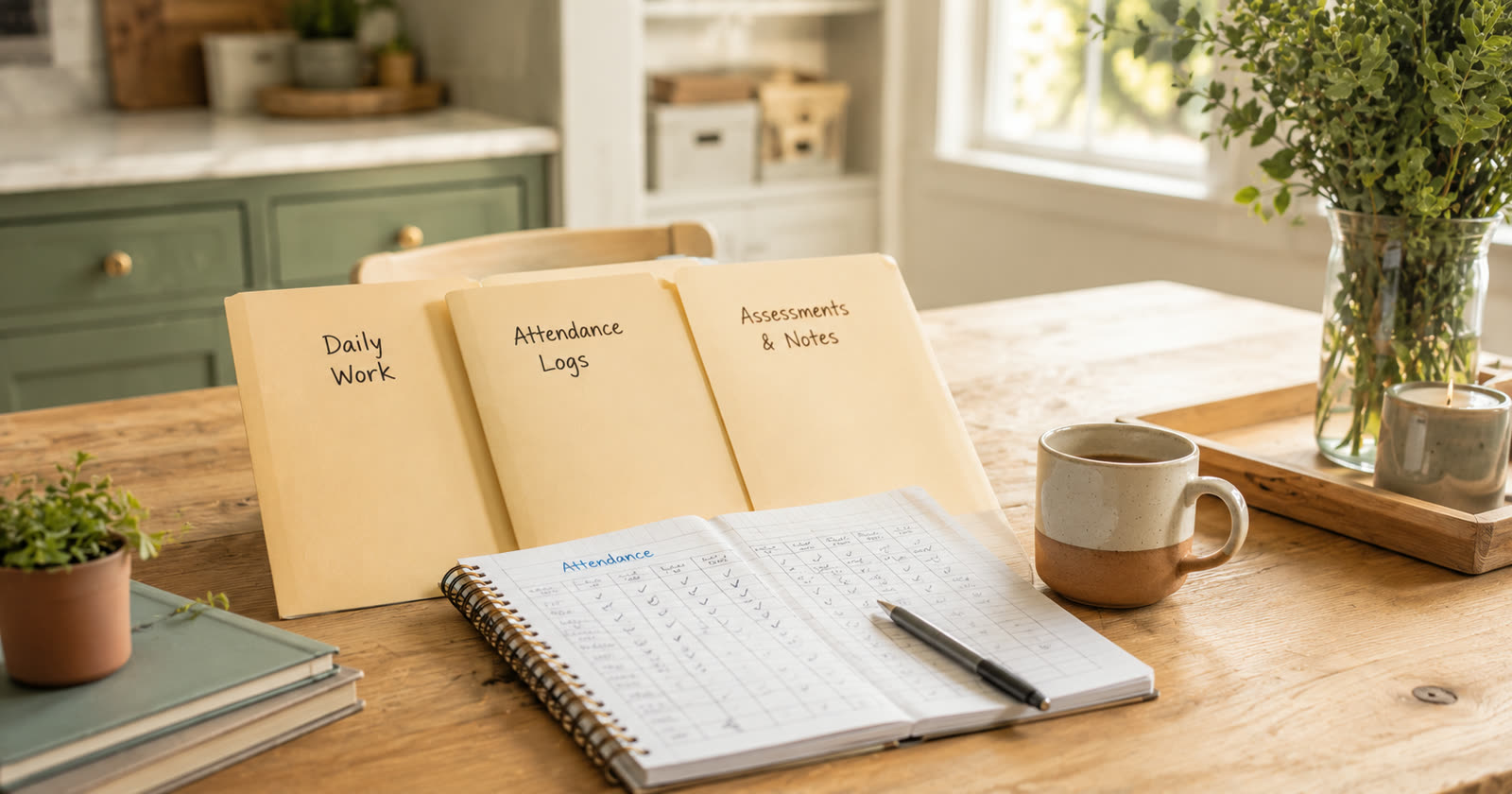 Three labeled manila folders for daily work, attendance logs and assessments beside an open attendance notebook on a sunlit kitchen table